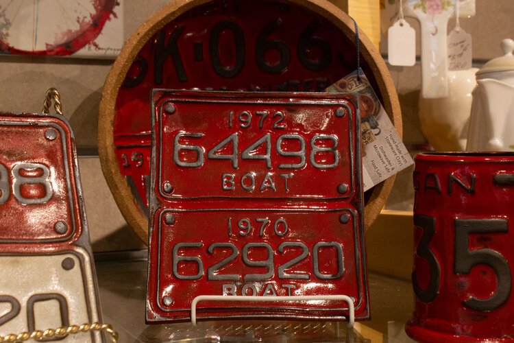 Kathryn Space works with license plates to create one-of-a-kind pottery.