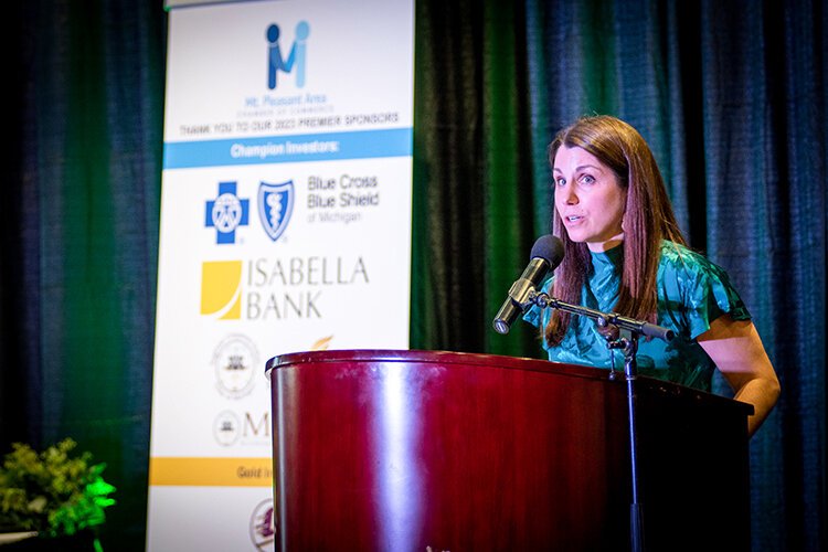 Liz Conway, Mt. Pleasant Area Chamber of Commerce President and CEO, speaks during the 66th Annual Awards Banquet on March 4, 2023. (Photo courtesy of Mt. Pleasant Area Chamber of Commerce)