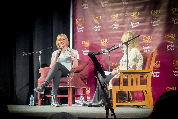 New York Times best-selling author, well known for the "Divergent" series, speaks to an auditorium full of students, faculty, and community members about technology and creativity during a Central Michigan University 2022 Speakers Series event.