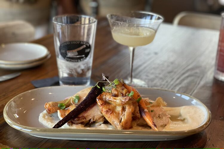 Half chicken entrée with maple glazed carrots and cauliflower puree