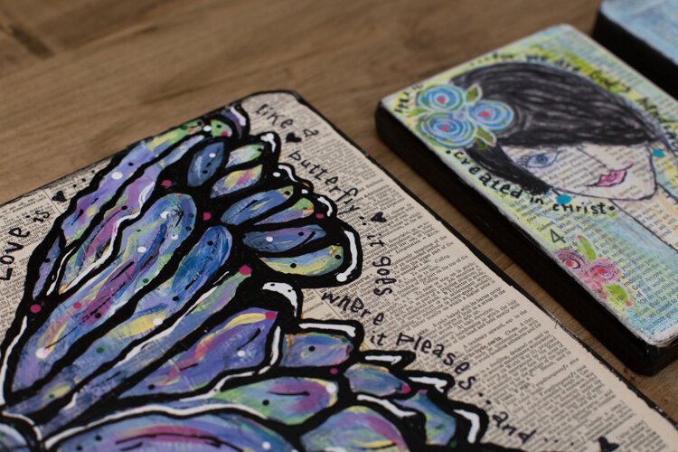 Inspired by her faith, many of artist Rebecca Hamilton's mixed media pieces are created using Bible of hymnal paper.