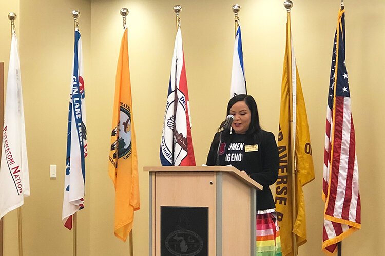 Saginaw Chippewa Indian Tribal Council Treasurer, Maia Spotted Tail, speaks at the event honoring Indigenous People's Day.