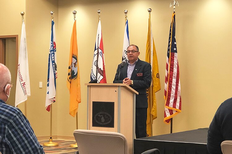 Saginaw Chippewa Indian Tribe Public Relations Director, Frank Cloutier, speaks at the event honoring Indigenous People's Day.