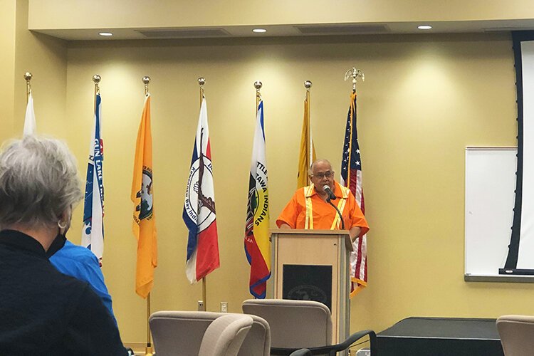 Executive Director of the United Tribes of Michigan and Chairman of the United League of Indigenous Nations Governing Board Frank Ettawageshik educates attendees on Indigenous history.