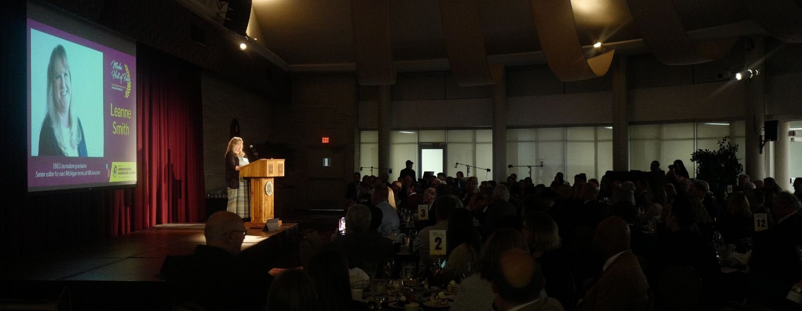 Bovee University Center Rotunda as Leanne (Gilbert) Smith delivers her remarks