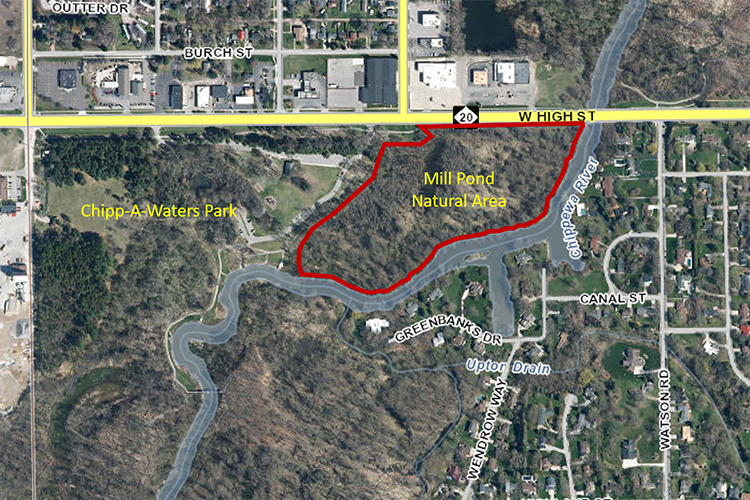 The Mill Pond Natural Area - Walter & Frances Bolle Preserve is located on 1403 W. High St., covering 17 acres along the Chippewa River. 