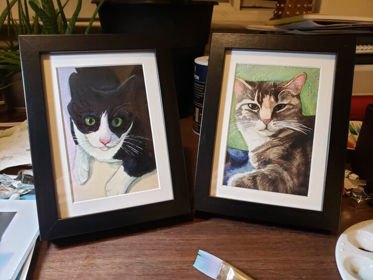 Pepper (left) and Loo, a commissioned piece made by Kim Patishnock using watercolor.  Photo courtesy of Kim Patishnock.