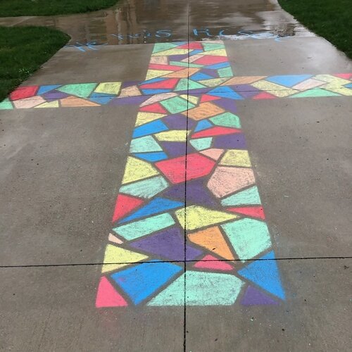 Violet and Larissa Thurlow created this Easter greeting for walkers in Bay City.