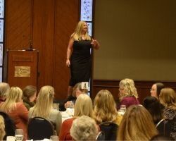 Wendy Groll presenting her keynote speech during the Look Who's Talking luncheon Wednesday, Oct. 11, 2023.