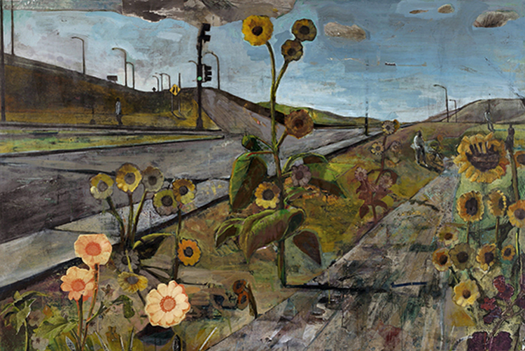 Karsten Creightney, Crossroads, 2010, collage, water, acrylic, oil and wax on wood panel, Flint Institute of Arts