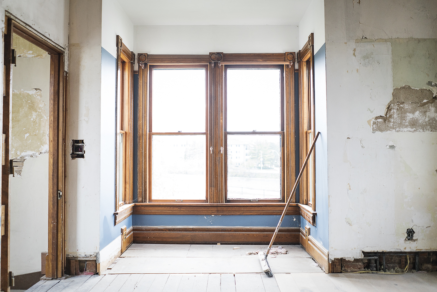 Flint, MI - Tuesday, October 31, 2017: A broom leans against the wall on the second floor of the Whaley Historic House Museum where full restoration is under way.