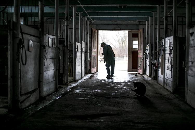 James Mills brushes away water in the stables.