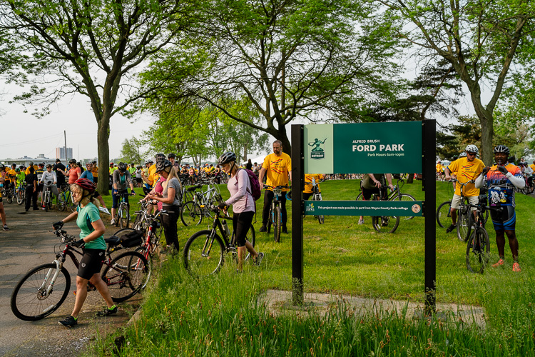 Bicyclists gather at A.B. Ford Park in Jefferson Chalmers for Tour d'Eastside.