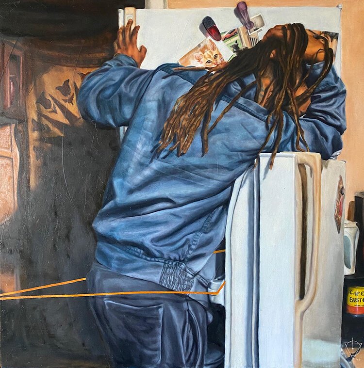"The Refrigerator" by Bakpak Durden, an oil on wood panel.