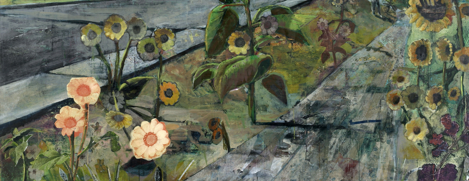 Karsten Creightney, Crossroads, 2010, collage, water, acrylic, oil and wax on wood panel, Flint Institute of Arts