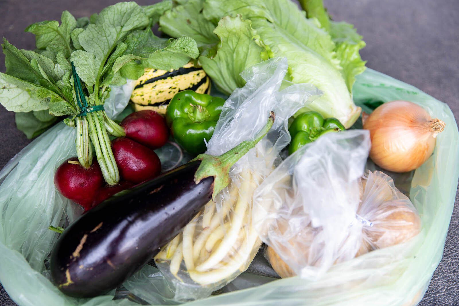 Produce at a Michigan Farm to Family: CSA pickup at Lakeshore Depot in Marquette.