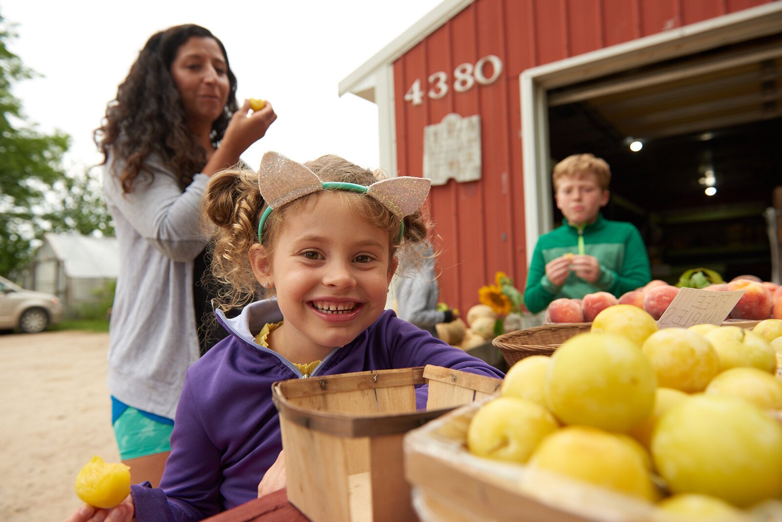 Families enjoying fresh fruits and vegetables at a local farm stand.