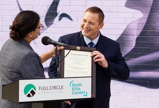 Mark Erwin with Rep. Rashida Tlaib at the Clairmount Center ribbon cutting