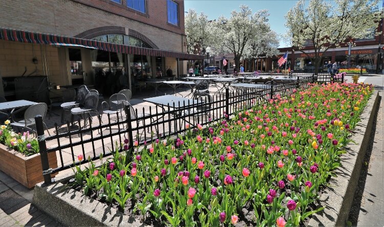 The empty outdoor seating area at the Curragh Irish Pub this year symbolized a Tulip Time week without a festival.