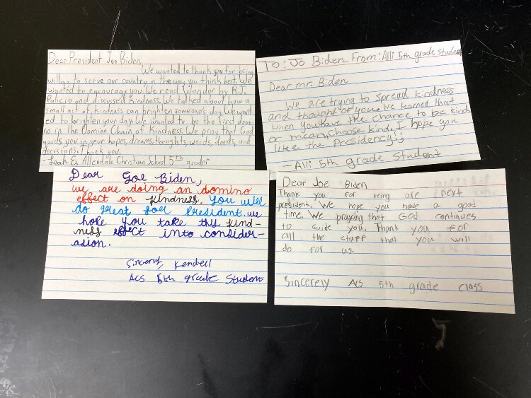 Fifth grade students at Allendal Christian School wrote to community leaders from every level of government, encouraging them. These letters are to President Joe Biden.