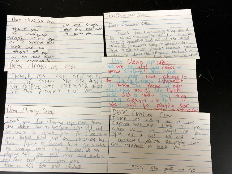 Fifth grade students at Allendal Christian School wrote to community leaders from every level of government, encouraging them. These letters are to the clean up crews that restored the U.S. Capitol after riots Jan. 6.