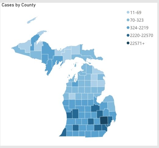 This map provided by the state of Michigan shows COVID-19 cases by the county. 
