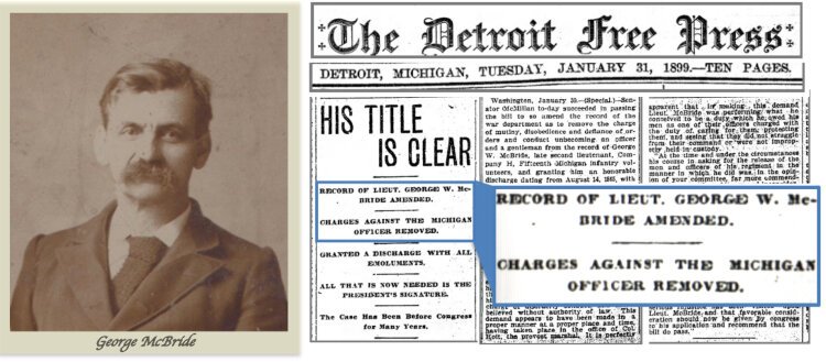 Lt. McBride was hastily and unfairly given a dishonorable discharge in Aug. 1865. It took an act of Congress to expunge the discharge from his record and get him the pension he had earned.