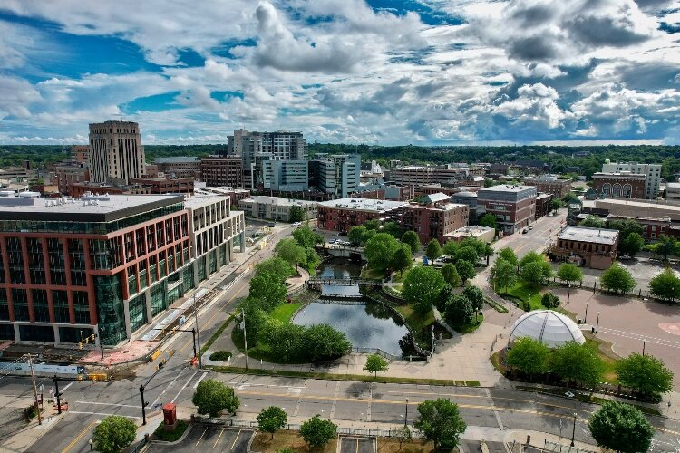 An aerial photo of downtown Kalamazoo. 