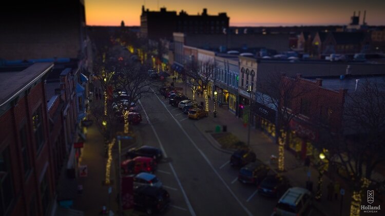 Downtown Holland at dusk. 