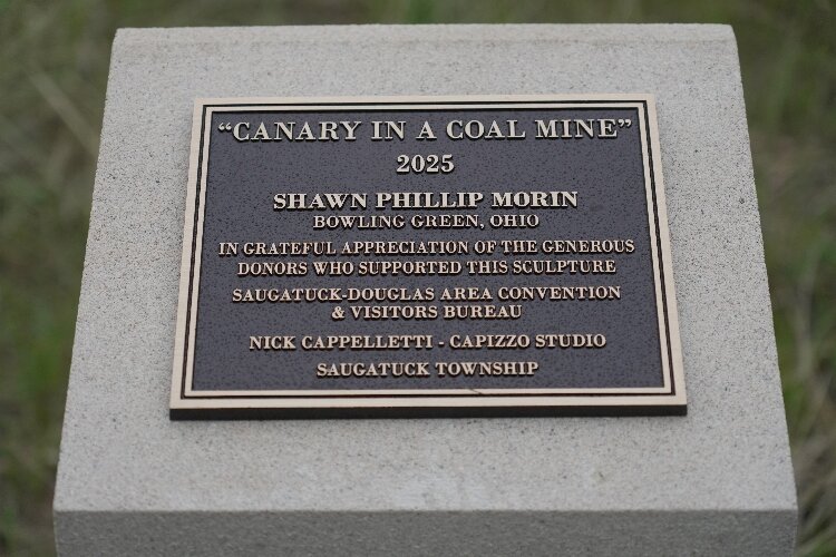 On Aug. 20, Saugatuck Township dedicated its first public art piece, “Canary in a Coal Mine,” at the Bluestar Highway–Old Allegan Road roundabout.