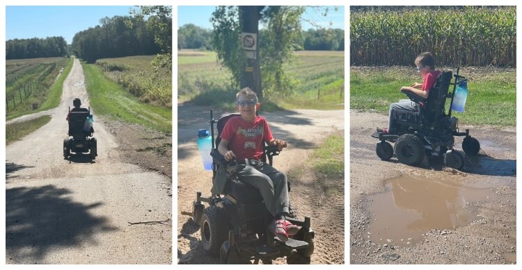 Fifth-grader Evan Weesies has an all-terrain wheelchair that gives him the freedom to move around his family’s Muskegon County farm