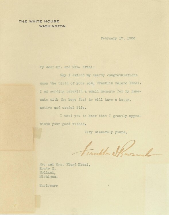President Franklin Delano Roosevelt congratulated the Kraai family on the birth of their son and his namesake.