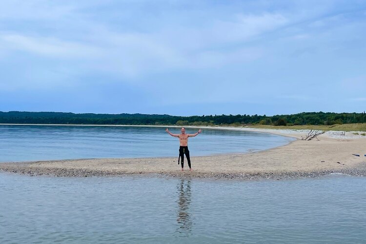 Jon Ornée at the finish line at South Manitou Island on Sept. 10. (Jon Ornée)