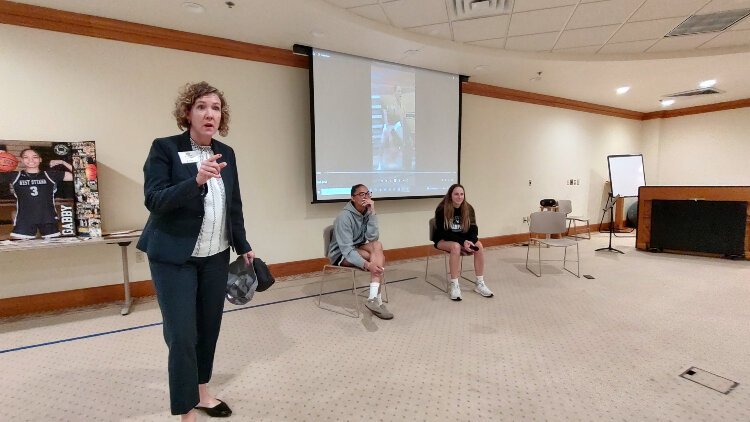 Evergreen Commons President and CEO Jill Ver Steeg, right, led a Q&A with Miss Basketball Michigan Gabby Reynolds, left, and her West Ottawa teammate Taylor Catton.