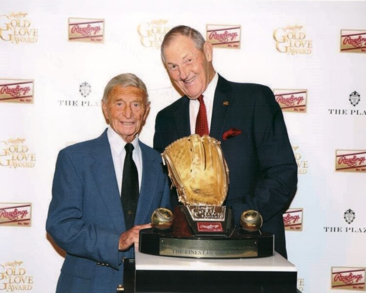 Jim Kaat (right) stands next to boyhood pitching idol, Bobby Shantz, during the presentation of the 2019 Gold Glove Awards. Both left-handers were known for superbly fielding their positions. Kaat won 16 consecutive Gold Glove Awards. (Jim Kaat)