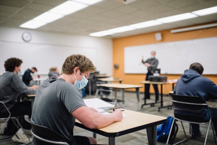 A GRCC student attends a math class.