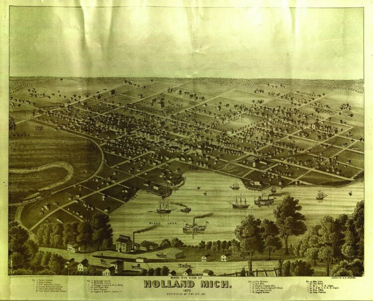 Image of a "bird's eye view" of Holland, Michigan. Houses and other buildings line the streets, and ships float on Black Lake, now known as Lake Macatawa. Below the image it says, "Bird's eye view of Holland Mich.; 1875.