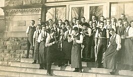 Hope College science students on the steps of van Raalte Hall around the turn of the century.