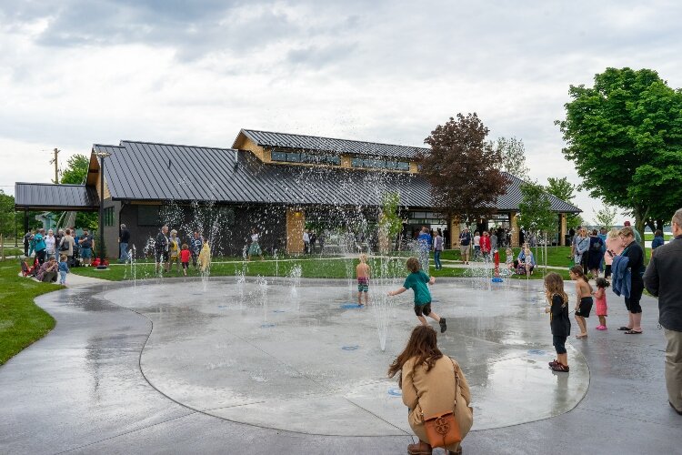 Children enjoying the new splash pad at Tanglefoot Park. (Brittany Meyers)