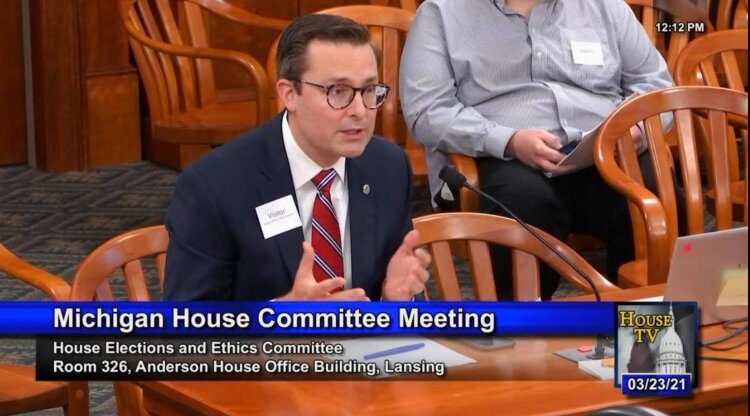 Ottawa County Clerk/Register of Deeds Justin Roebuck giving committee testimony earlier this year before the Michigan House Elections and Ethics Committee.