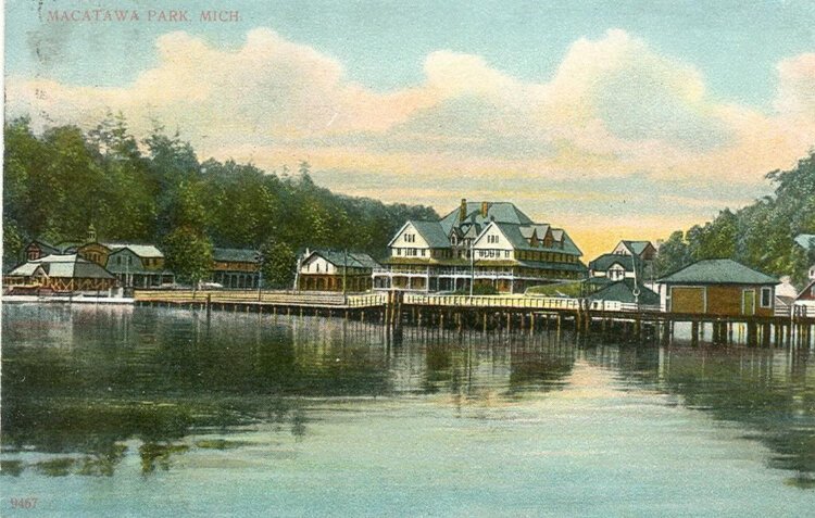 A vintage postcard shows a view of Macatawa Park from somewhere on "Black Lake," what came to be known as Lake Macatawa