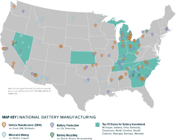 Map shows top 10 states for battery manufacturing. 