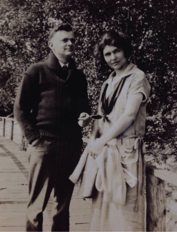 Chester I. Stander and wife Bertha taking a stroll on the boardwalk in Highland Park (ca. 1920).