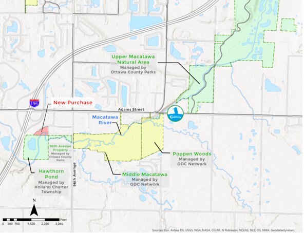 Map shows the land acquired for a Macatawa Greenway trail. 