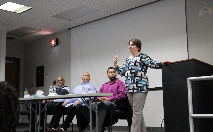Panelist Cathy Anthofer-Fialon, executive director of Mediation Services for Allegan, Barry and Ottawa counties, talks about restorative justice.