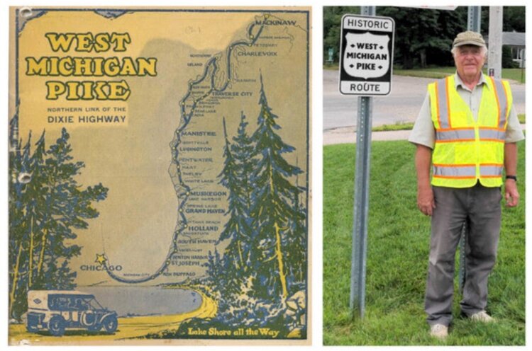 Left: Original 1915 tourist directory cover. Right: Local historian Blaine Knoll stands next to first installed sign. (Rich Lakeberg/Ottawa County)]