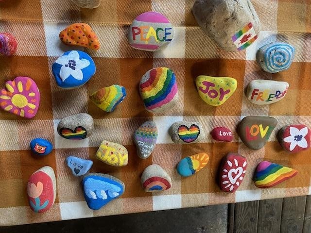 Painted pride rocks on display during the Allegan County Community Foundation's launch of its PRIDE Fund last month.
