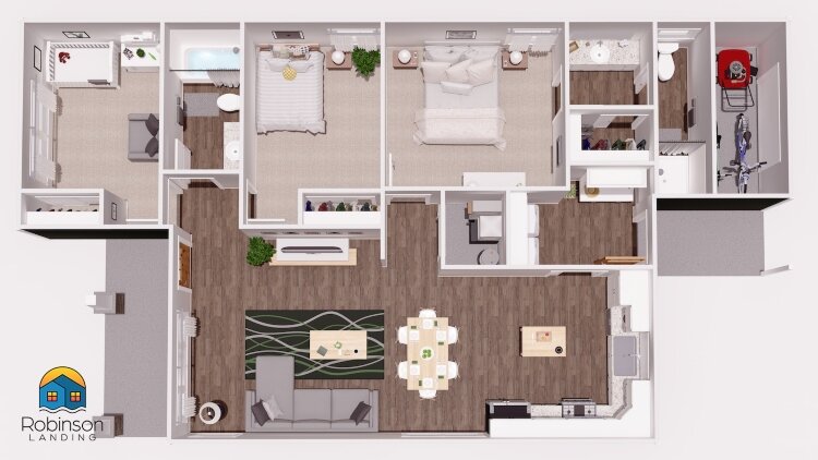 This is a layout of a three bedroom, two bath home in the Robinson Landing neighborhood. 