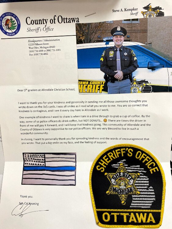 Ottawa County Sheriff's Sgt. Cal Keuning wrote a reply to the fifth grade students of Allendale Christian School.