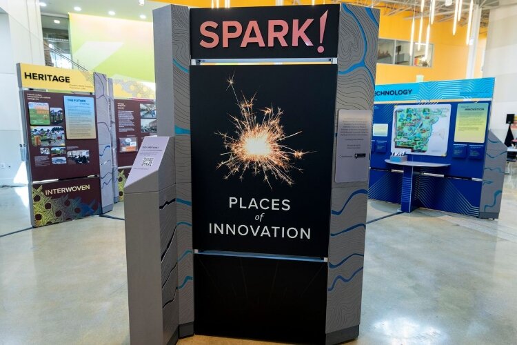 A traveling Smithsonian exhibit called “Spark! Places of Innovation” is in Grand Haven.